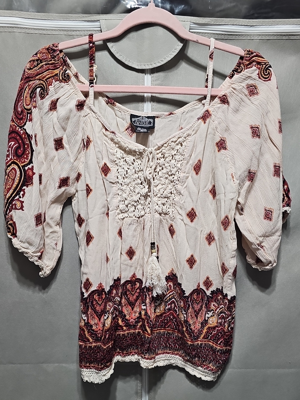Angie Cream Peasant Top with Burgundy Paisley Hem